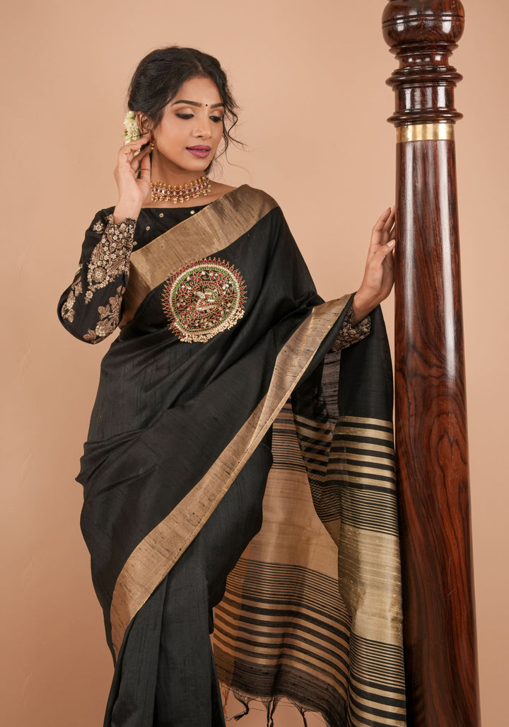 Black Pure Raw Silk Saree with Mandala Kundan hand Embroidery and Zari Border | SILK MARK CERTIFIED