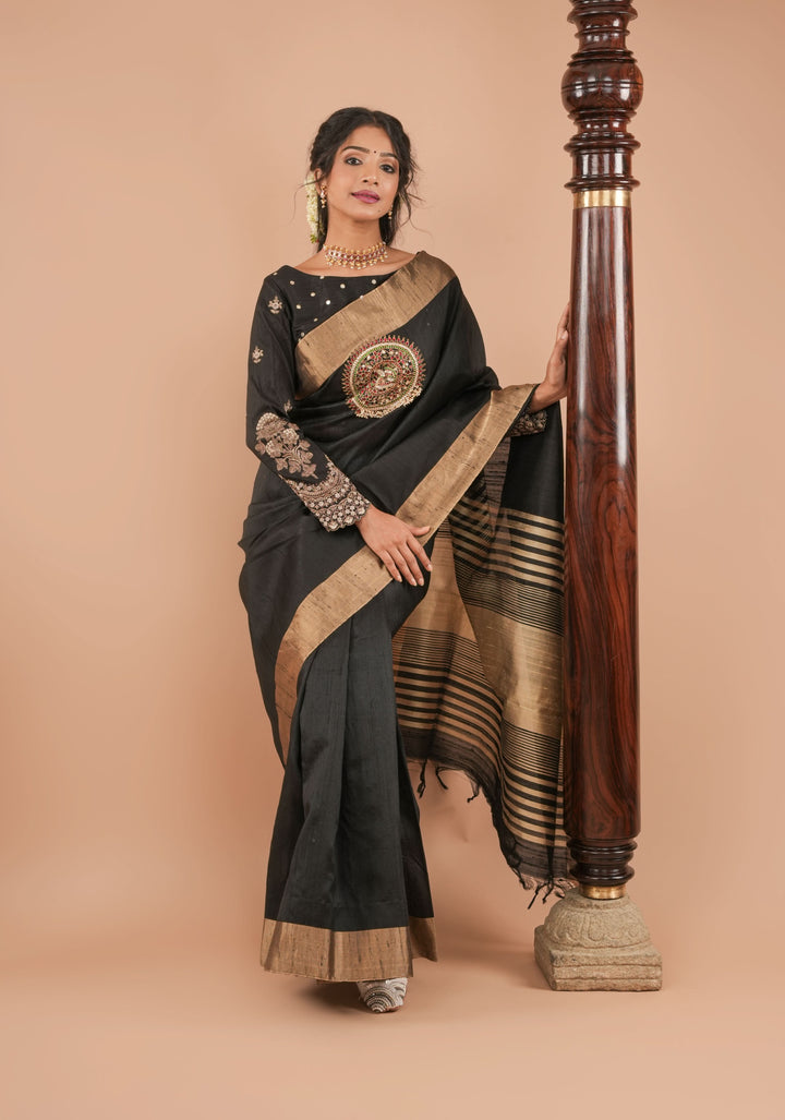 Black pure raw silk blouse with full sleeves, mirror and embroidery, v shape sheer back, Made to Order