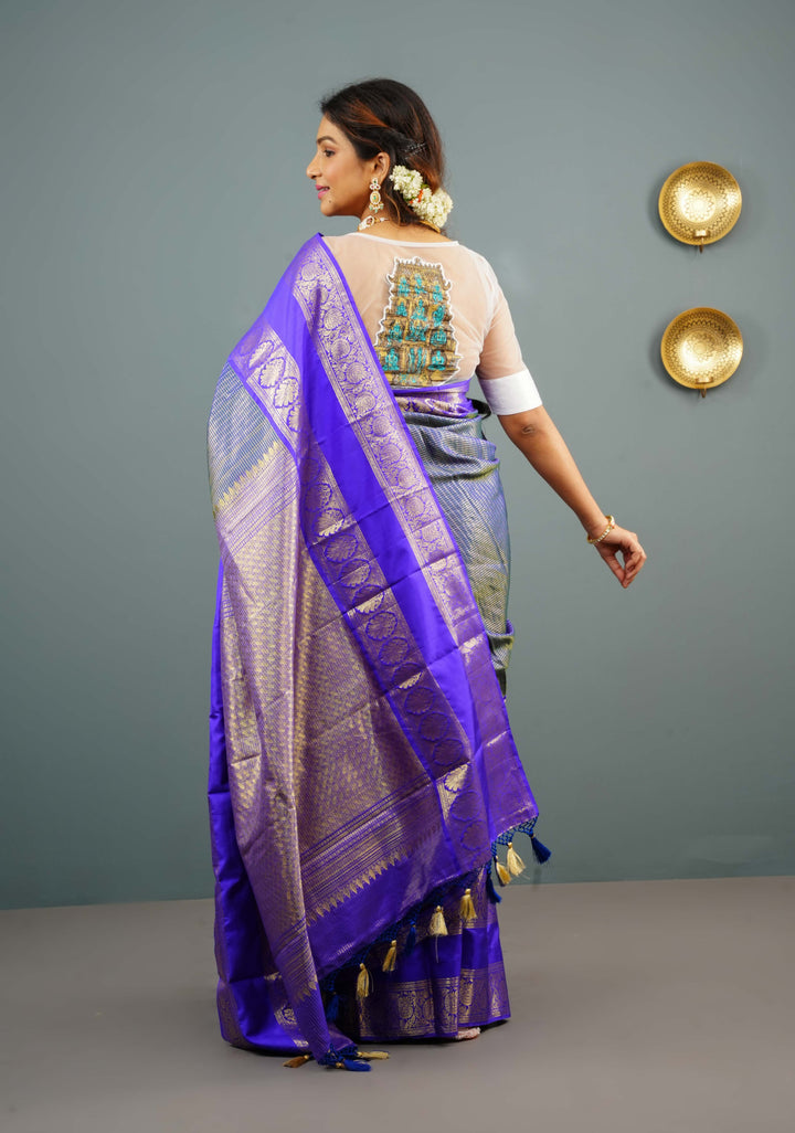 White Pure Raw Silk with Net back  Blouse with Temple Gopuram Handpainting Applique, Customizable, Made to Order