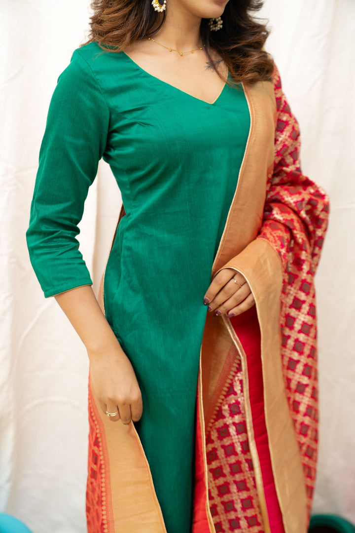 Sruthi Green with Magenta Brocade dupatta | Made To Order