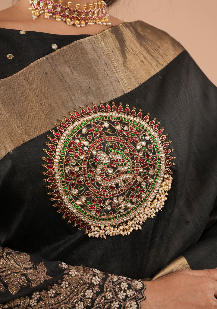 Black Pure Raw Silk Saree with Mandala Kundan hand Embroidery and Zari Border | SILK MARK CERTIFIED