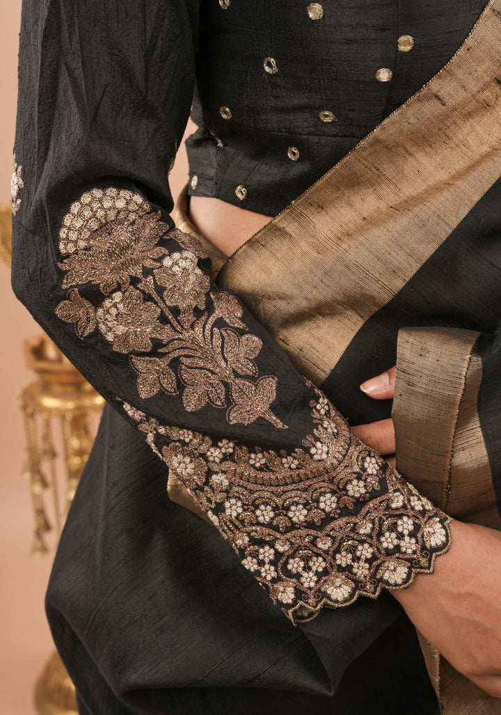 Black pure raw silk blouse with full sleeves, mirror and embroidery, v shape sheer back, Made to Order