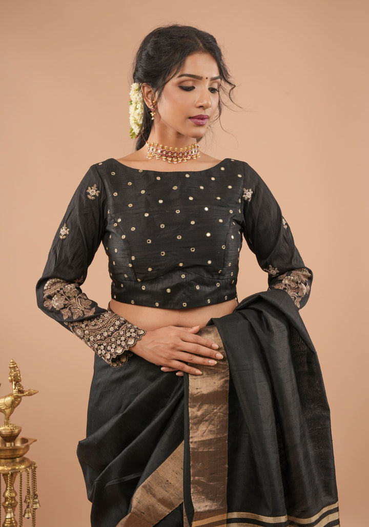 Black pure raw silk blouse with full sleeves, mirror and embroidery, v shape sheer back, Made to Order