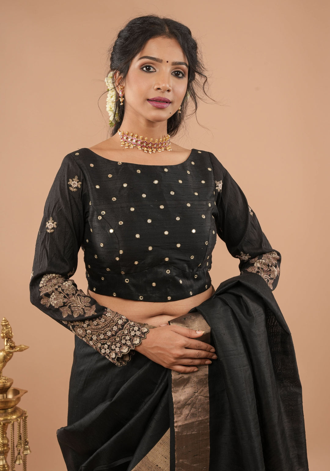Black pure raw silk blouse with full sleeves, mirror and embroidery, v shape sheer back, Made to Order