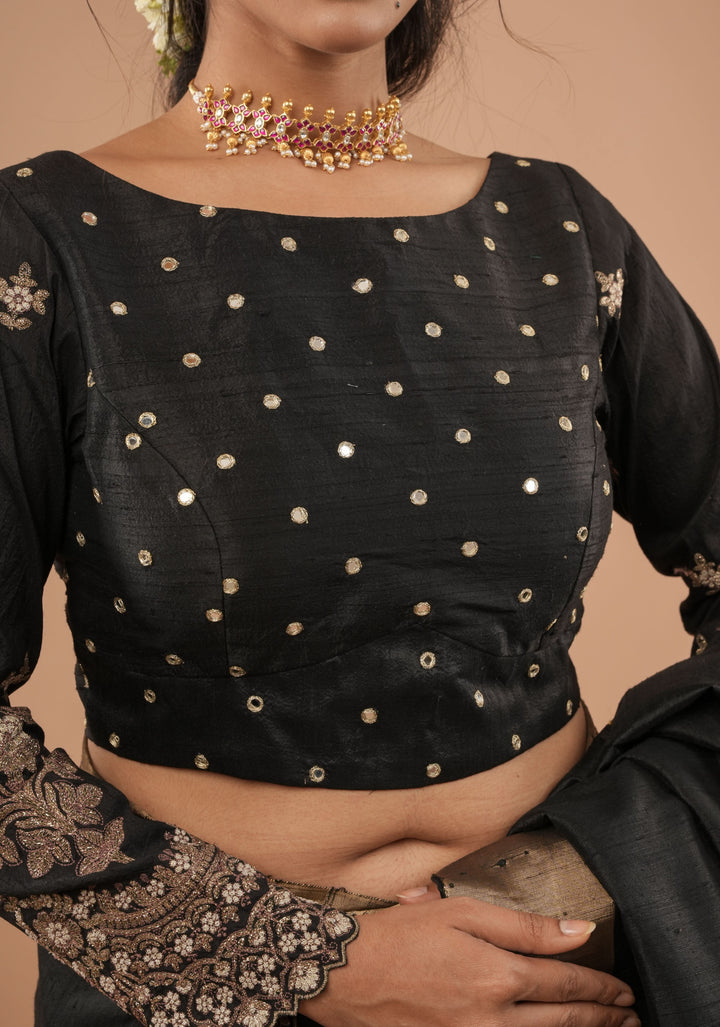 Black pure raw silk blouse with full sleeves, mirror and embroidery, v shape sheer back, Made to Order