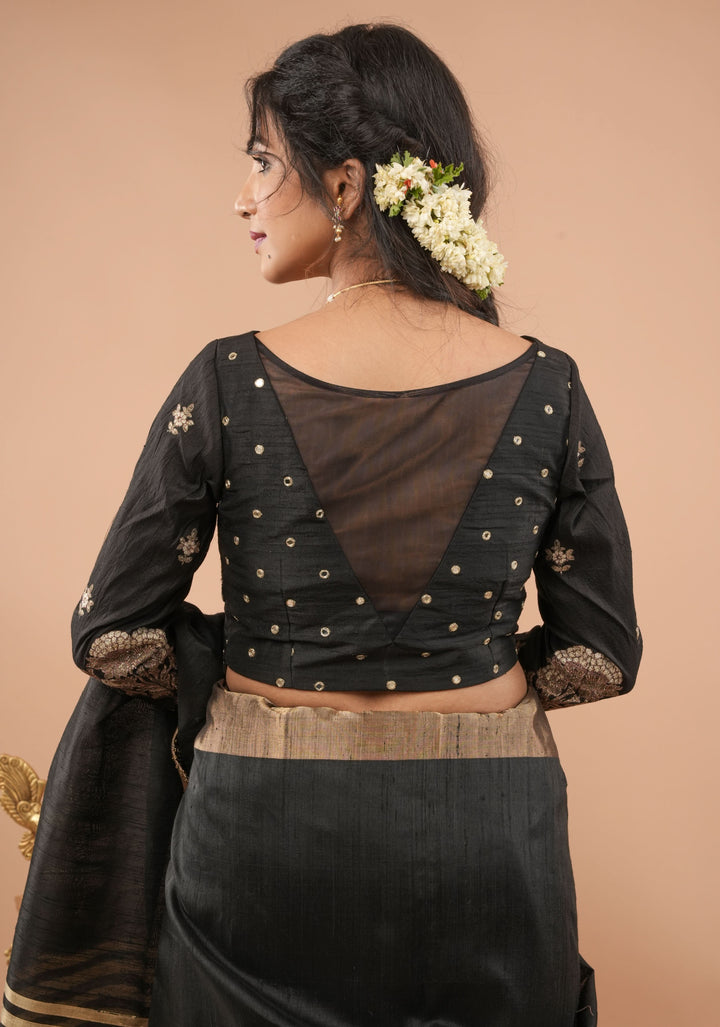 Black pure raw silk blouse with full sleeves, mirror and embroidery, v shape sheer back, Made to Order