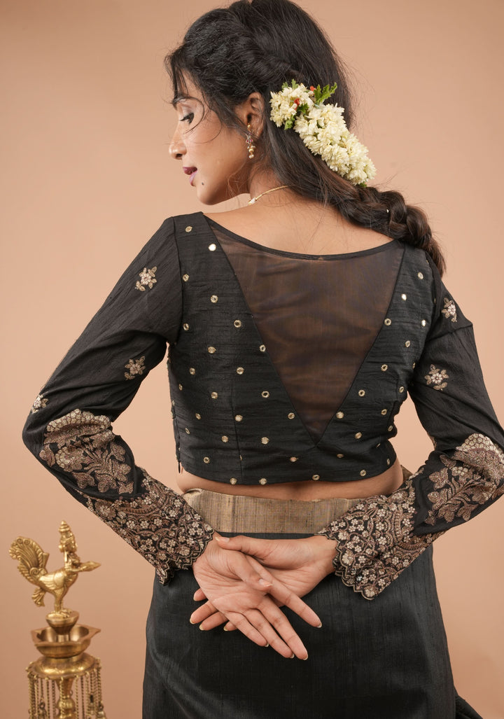 Black pure raw silk blouse with full sleeves, mirror and embroidery, v shape sheer back, Made to Order