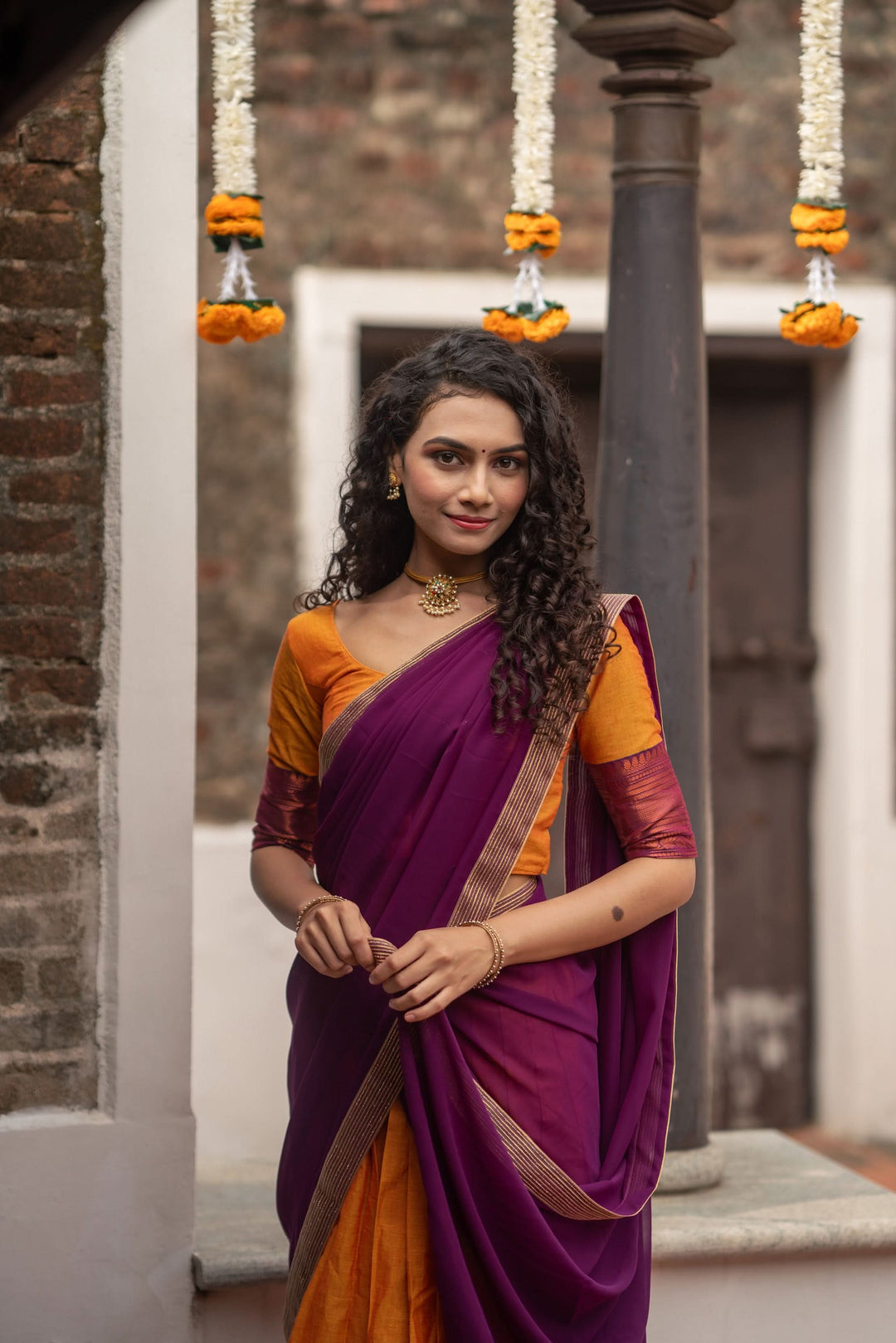 Orange with Violet Handloom Halfsaree with Georgette Dupatta  | Made To Order