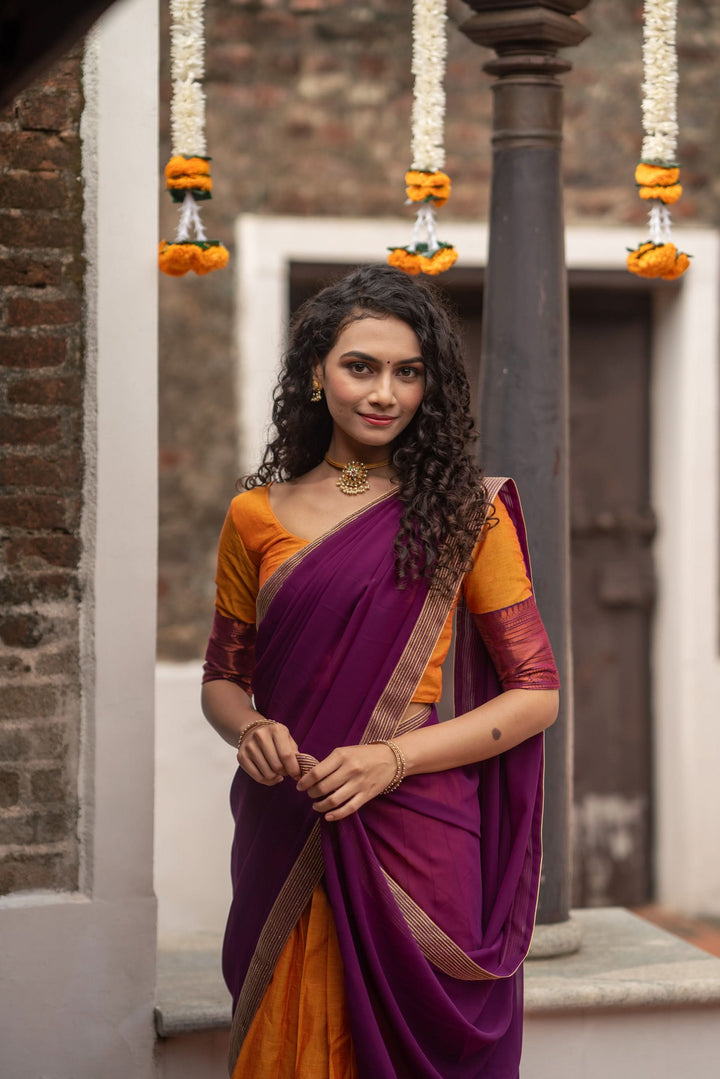 Orange with Violet Handloom Halfsaree with Georgette Dupatta  | Made To Order