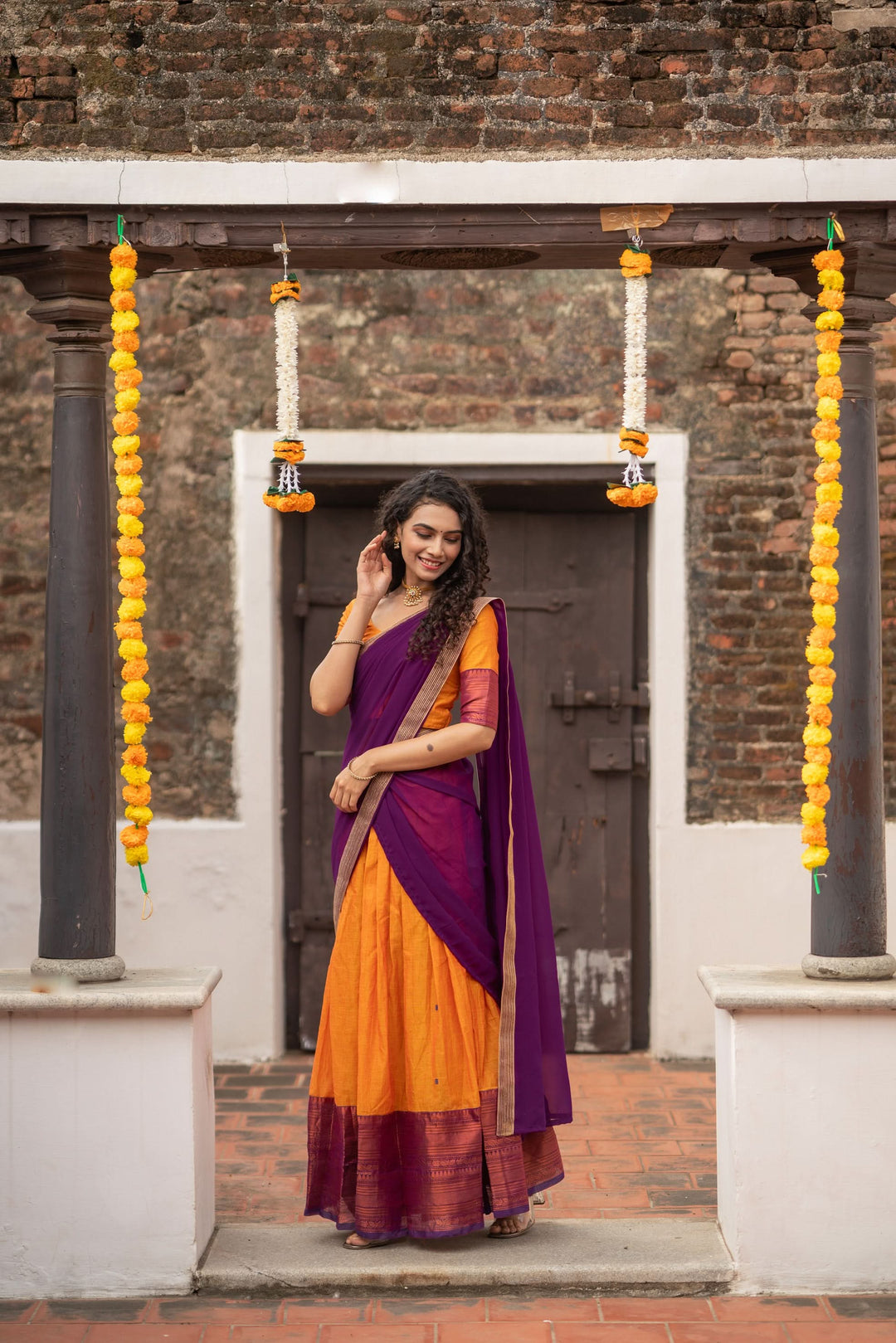 Orange with Violet Handloom Halfsaree with Georgette Dupatta  | Made To Order