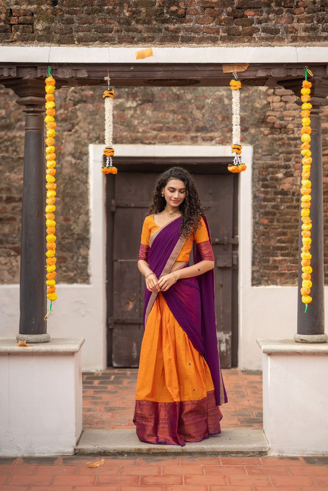 Orange with Violet Handloom Halfsaree with Georgette Dupatta  | Made To Order