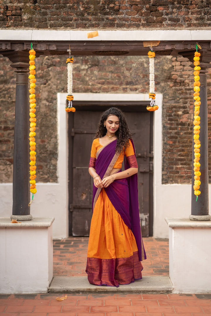 Orange with Violet Handloom Halfsaree with Georgette Dupatta  | Made To Order