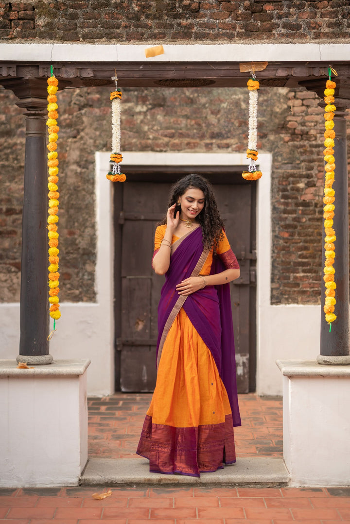 Orange with Violet Handloom Halfsaree with Georgette Dupatta  | Made To Order