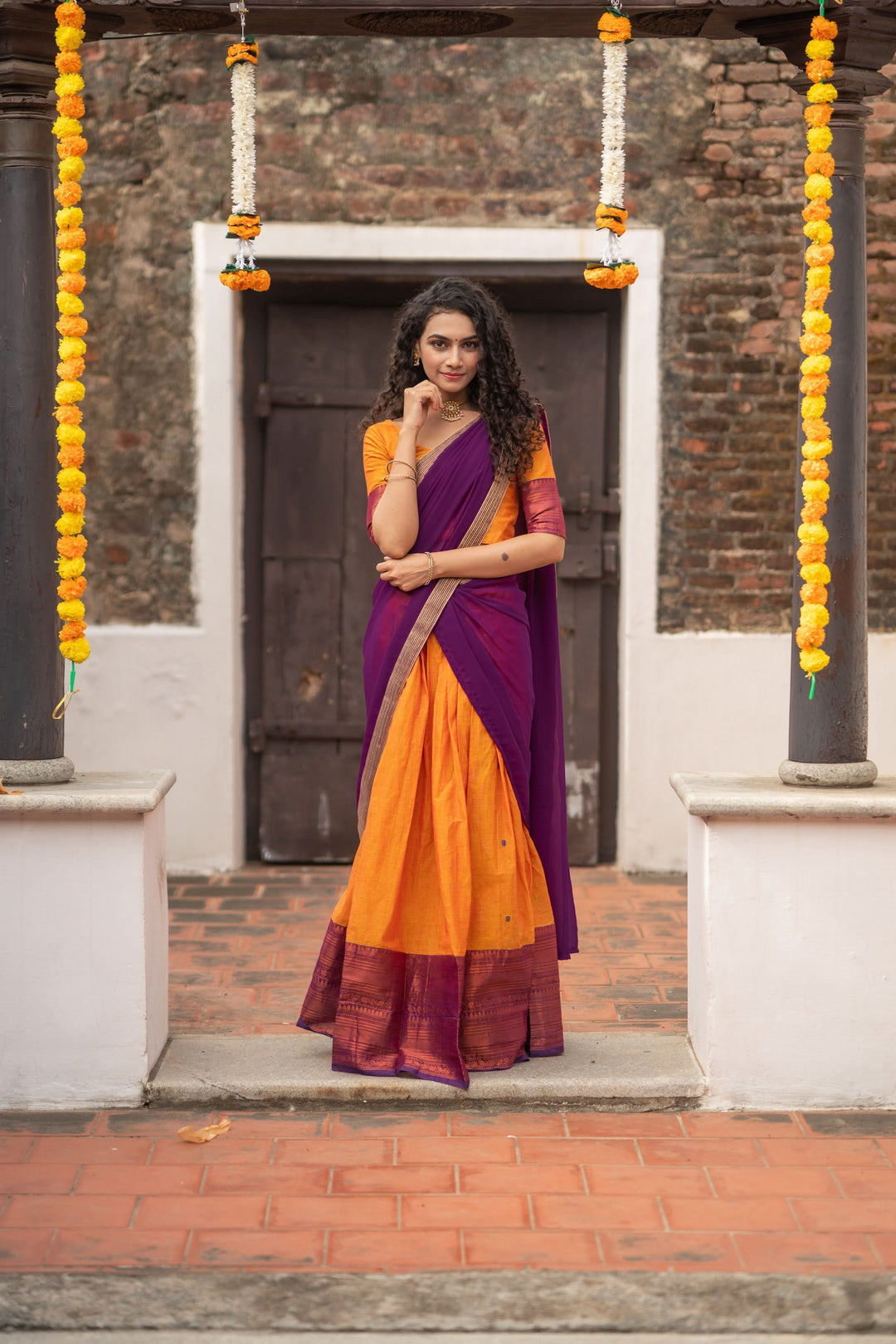 Orange with Violet Handloom Halfsaree with Georgette Dupatta  | Made To Order