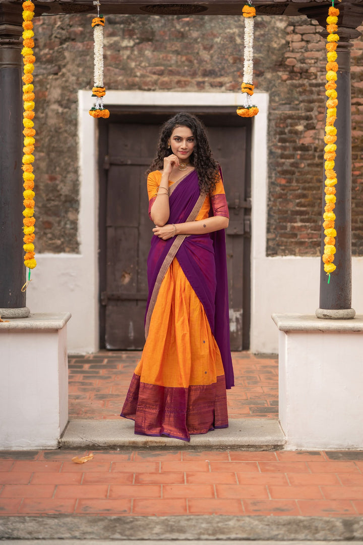 Orange with Violet Handloom Halfsaree with Georgette Dupatta  | Made To Order