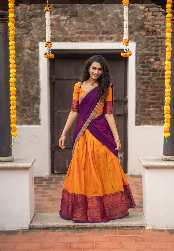 Orange with Violet Handloom Halfsaree with Georgette Dupatta  | Made To Order