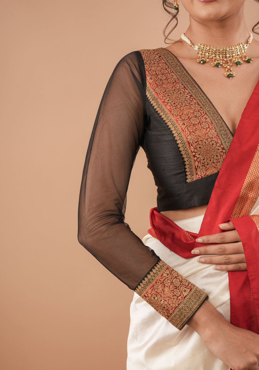 Black red and antique gold plunge neck sheer sleeve blouse, Customizable, Made to Order