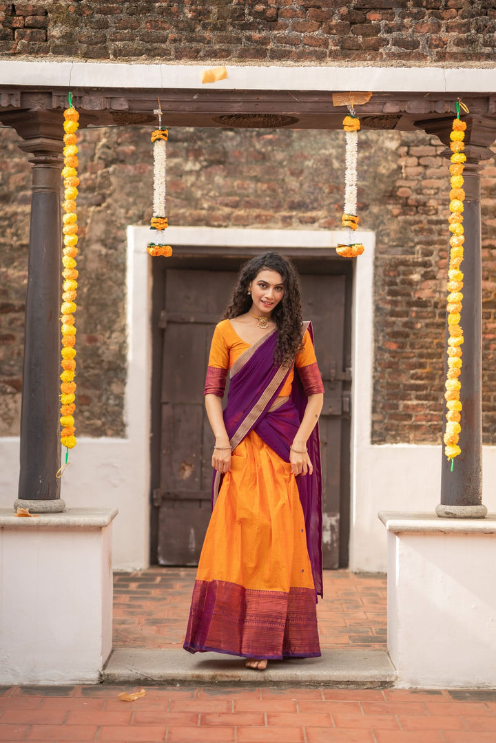 Orange with Violet Handloom Halfsaree with Georgette Dupatta  | Made To Order