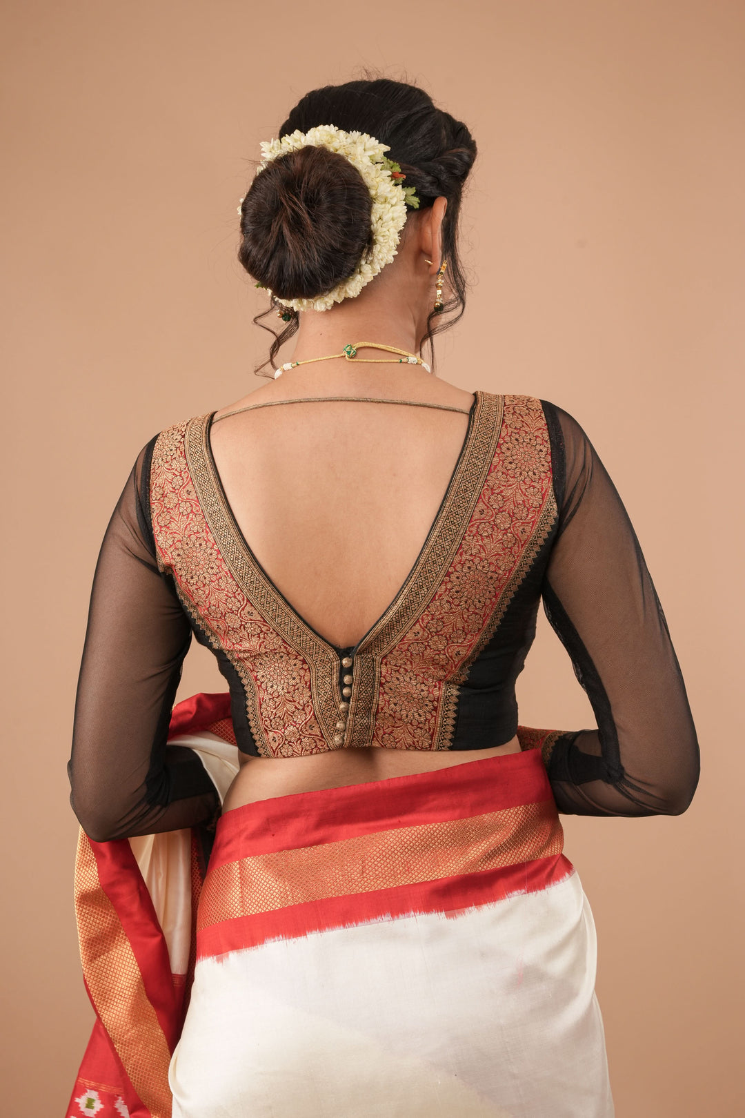 Black red and antique gold plunge neck sheer sleeve blouse, Customizable, Made to Order