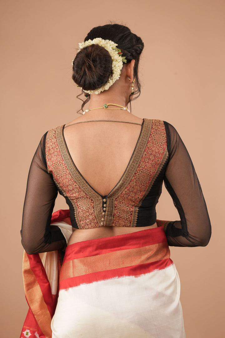 Black red and antique gold plunge neck sheer sleeve blouse, Customizable, Made to Order