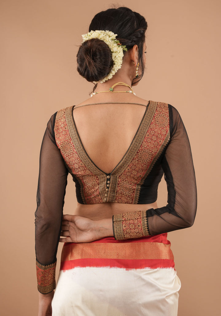 Black red and antique gold plunge neck sheer sleeve blouse, Customizable, Made to Order