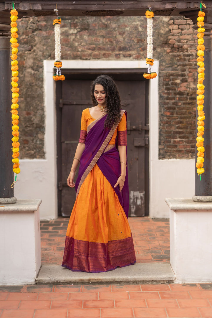 Orange with Violet Handloom Halfsaree with Georgette Dupatta  | Made To Order