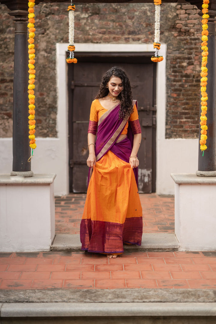 Orange with Violet Handloom Halfsaree with Georgette Dupatta  | Made To Order