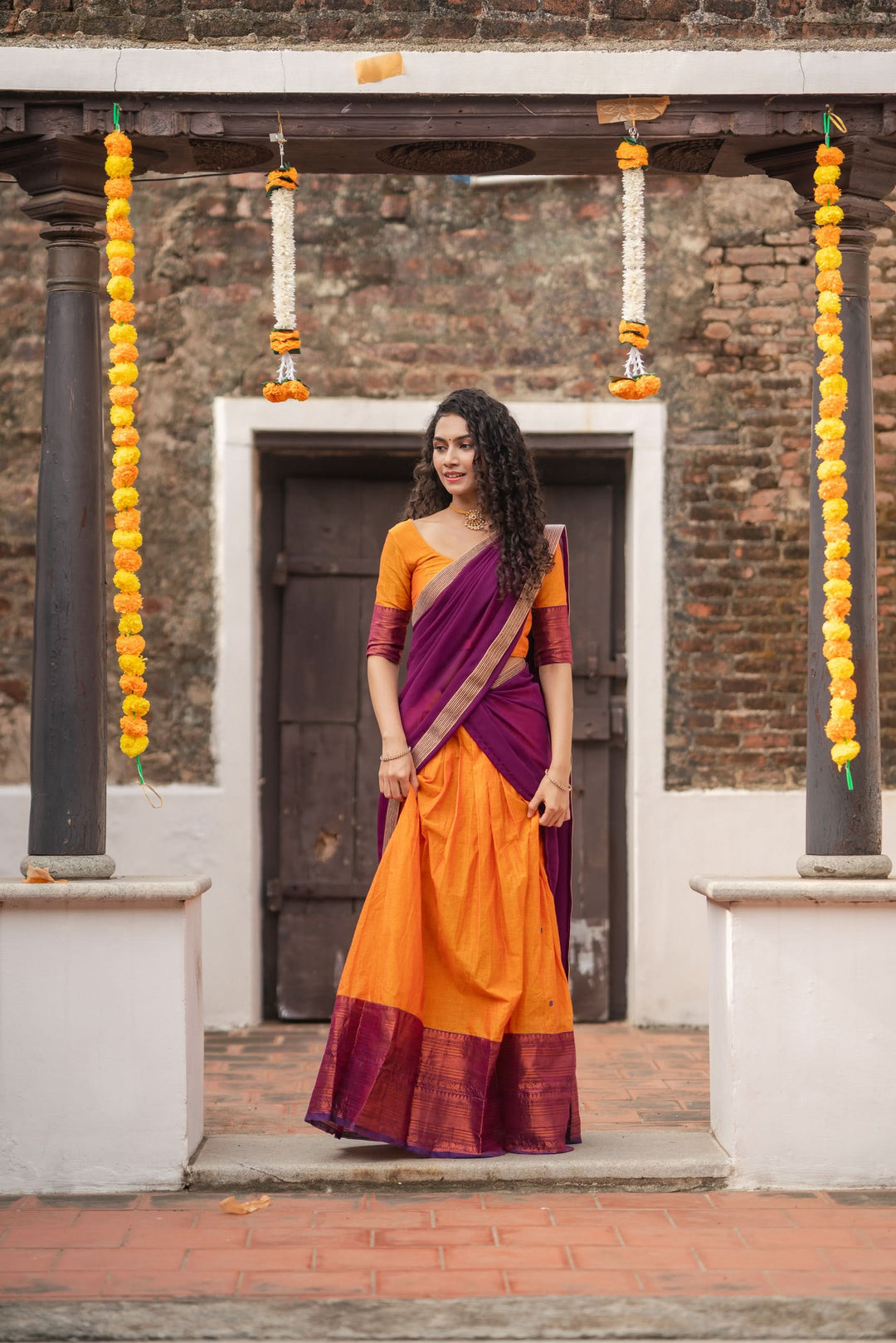 Orange with Violet Handloom Halfsaree with Georgette Dupatta  | Made To Order