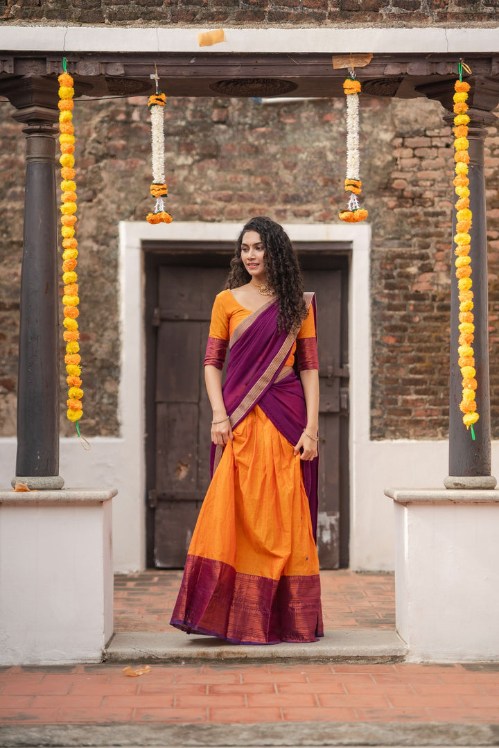 Orange with Violet Handloom Halfsaree with Georgette Dupatta  | Made To Order