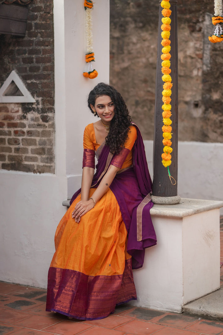 Orange with Violet Handloom Halfsaree with Georgette Dupatta  | Made To Order