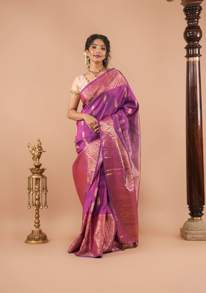 Purple shot color pure handwoven Gadwal silk saree with ornate arches border | SILK MARK CERTIFIED