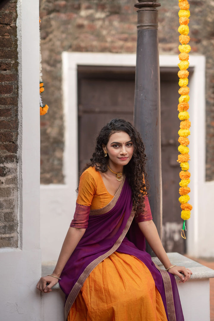 Orange with Violet Handloom Halfsaree with Georgette Dupatta  | Made To Order