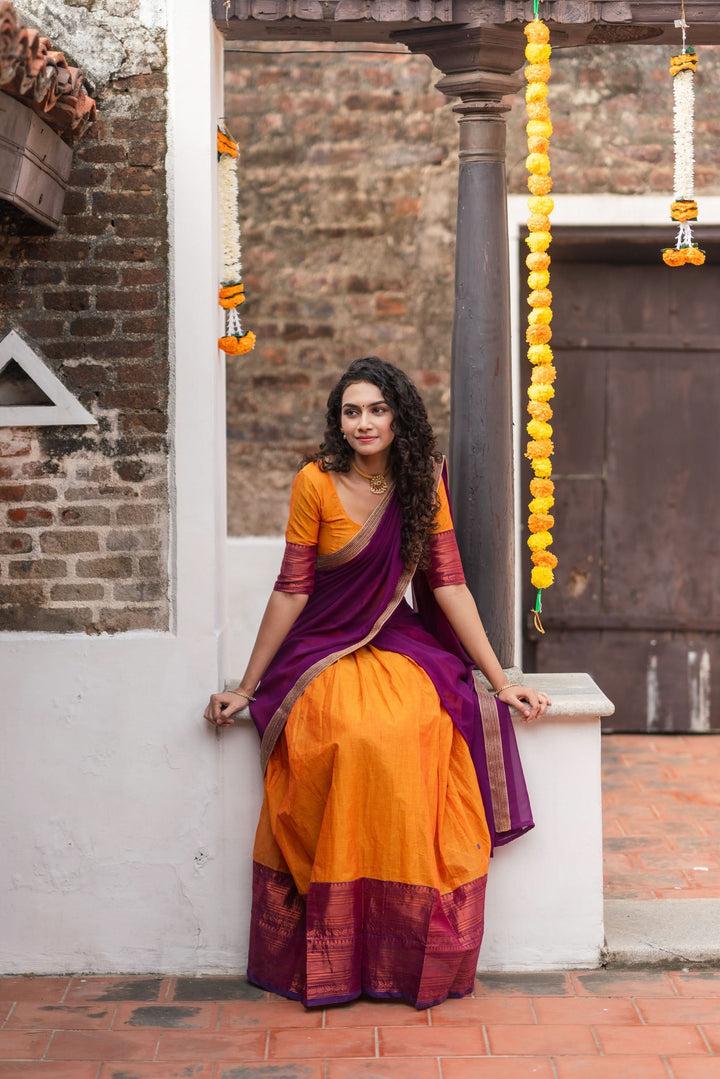 Orange with Violet Handloom Halfsaree with Georgette Dupatta  | Made To Order