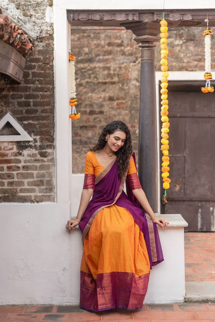 Orange with Violet Handloom Halfsaree with Georgette Dupatta  | Made To Order