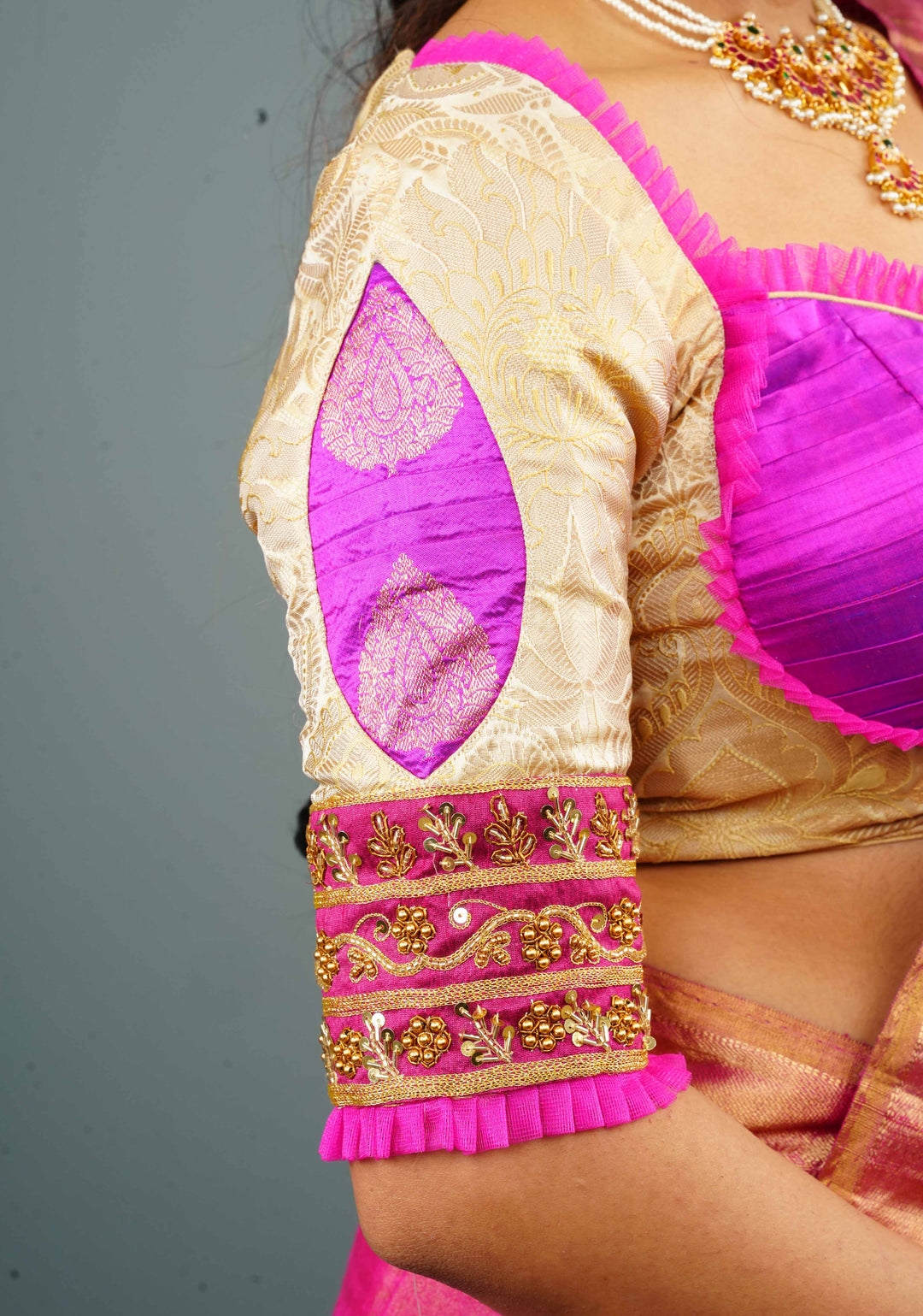 Cream Bustier Banarasi Brocade with Hand Zardosi work and pleated net detailing, Made to Order