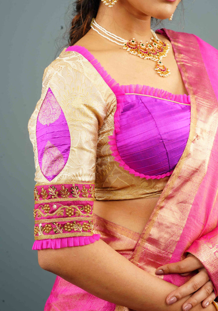 Cream Bustier Banarasi Brocade with Hand Zardosi work and pleated net detailing, Made to Order