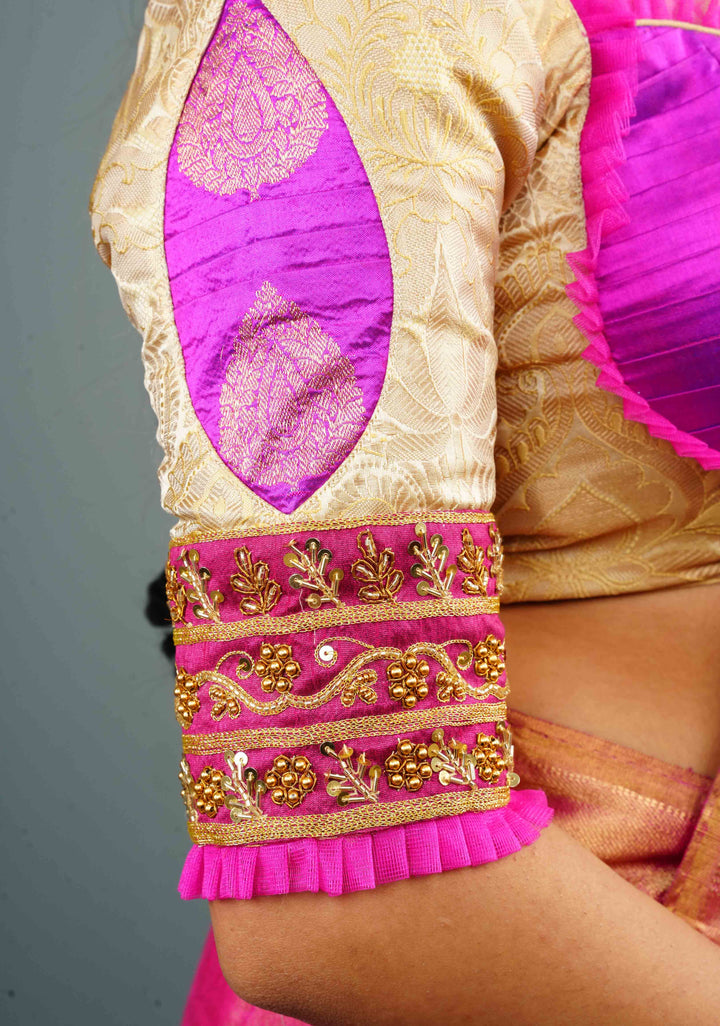 Cream Bustier Banarasi Brocade with Hand Zardosi work and pleated net detailing, Made to Order