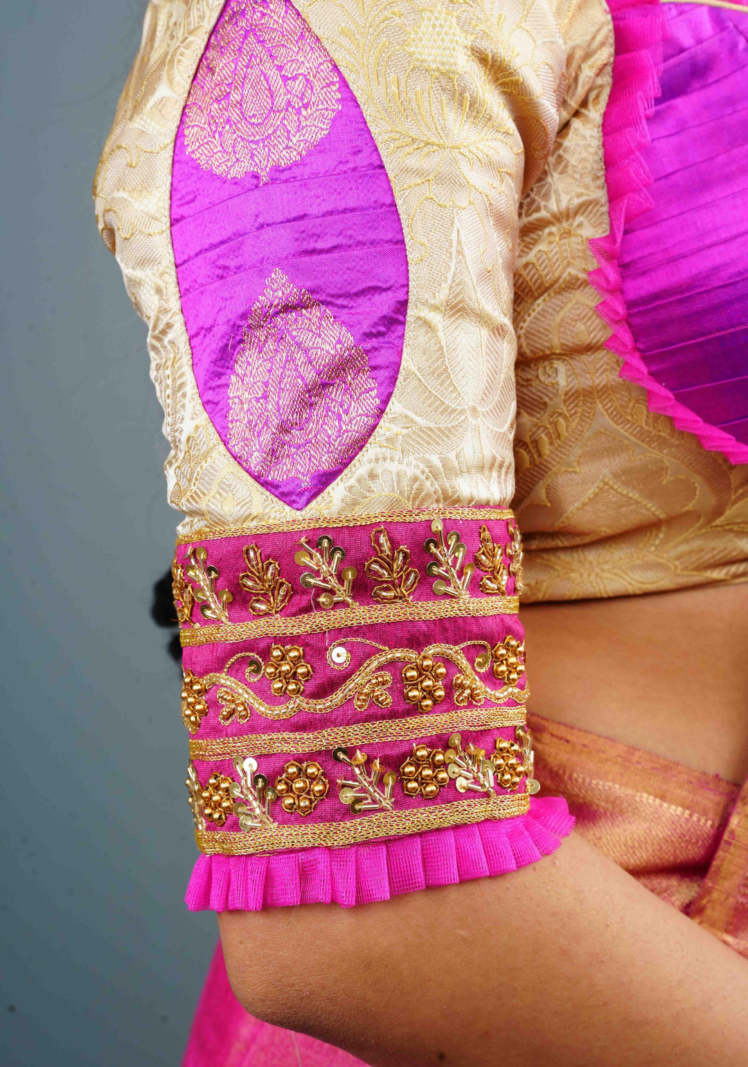Cream Bustier Banarasi Brocade with Hand Zardosi work and pleated net detailing, Made to Order