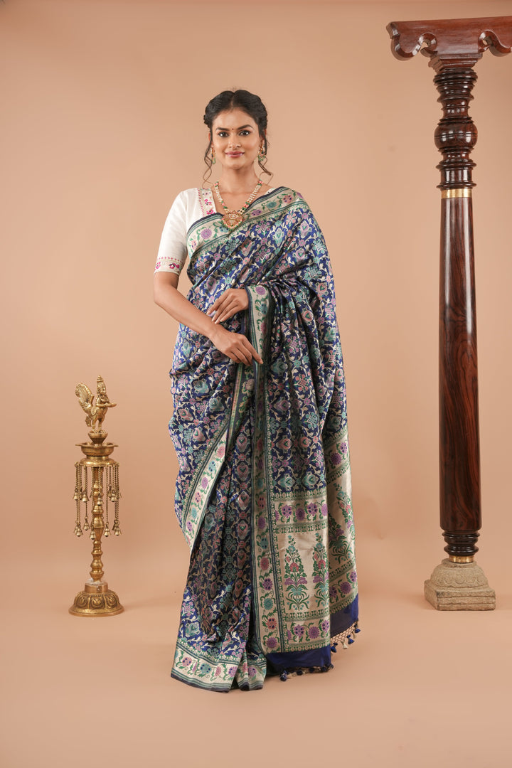 Exquisite Banarasi Patola Meenakari Katan Silk Saree in Blue with Intricate Pallu | SILK MARK CERTIFIED