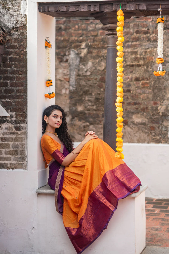 Orange with Violet Handloom Halfsaree with Georgette Dupatta  | Made To Order