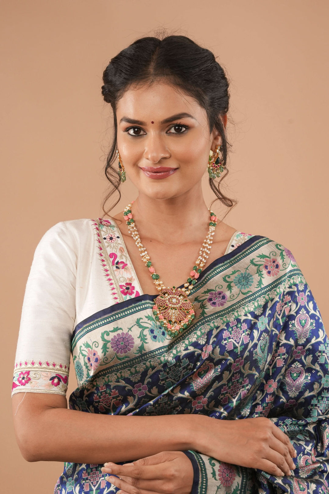 White Pure Raw Silk Blouse With Multicolor machine embroidery, Customizable, Made to order