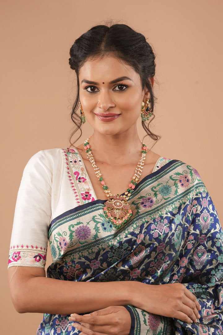 White Pure Raw Silk Blouse With Multicolor machine embroidery, Customizable, Made to order