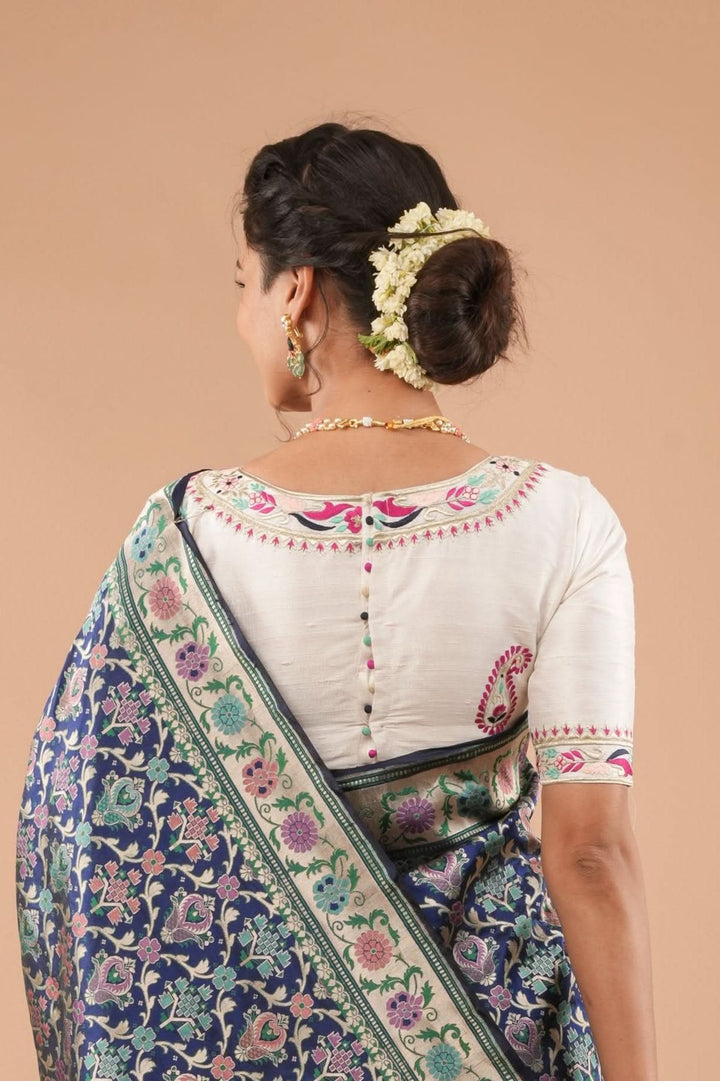White Pure Raw Silk Blouse With Multicolor machine embroidery, Customizable, Made to order