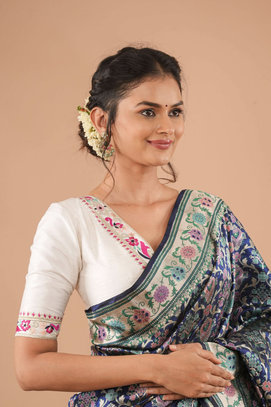White Pure Raw Silk Blouse With Multicolor machine embroidery, Customizable, Made to order