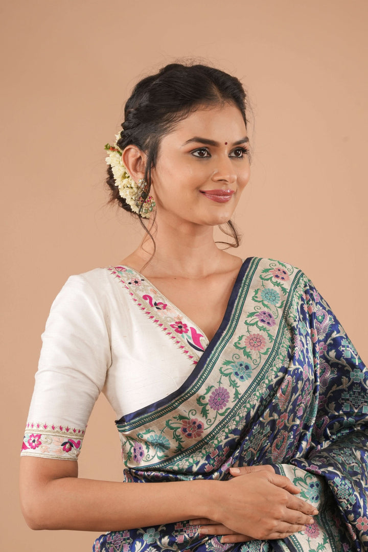White Pure Raw Silk Blouse With Multicolor machine embroidery, Customizable, Made to order