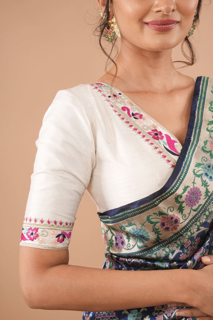 White Pure Raw Silk Blouse With Multicolor machine embroidery, Customizable, Made to order