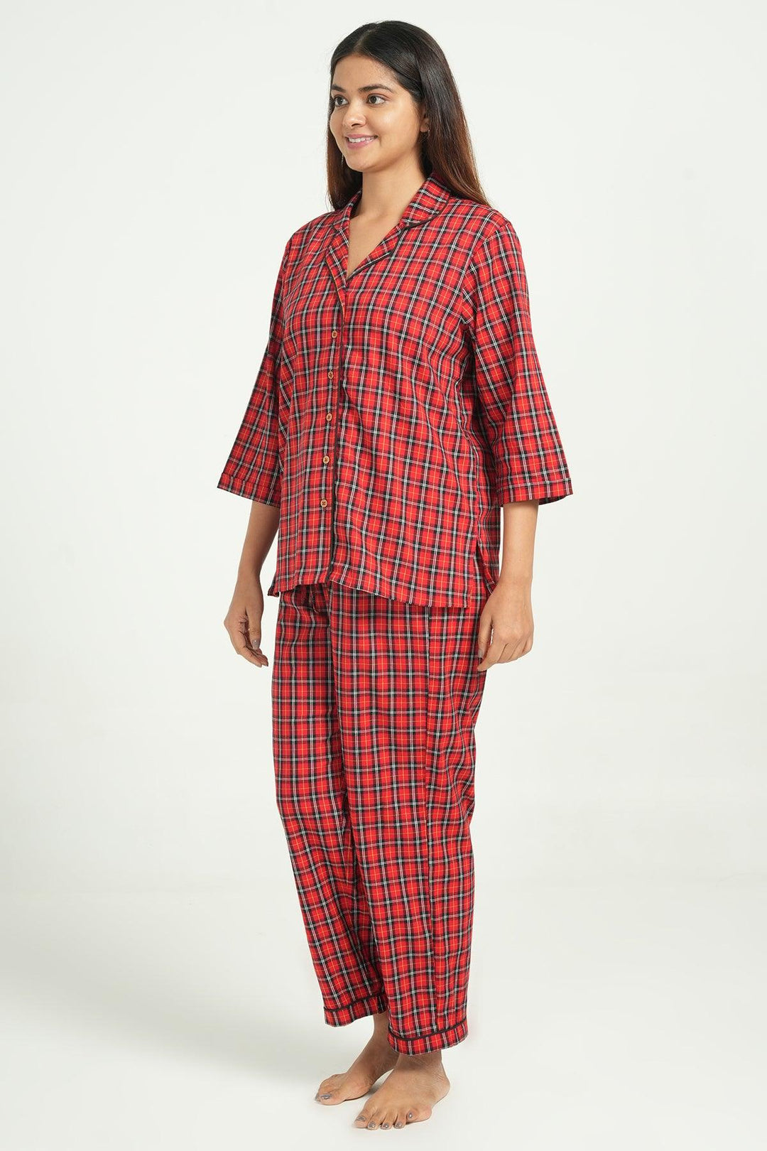 Checkered Red Cotton Loungewear Set | SHOBITAM