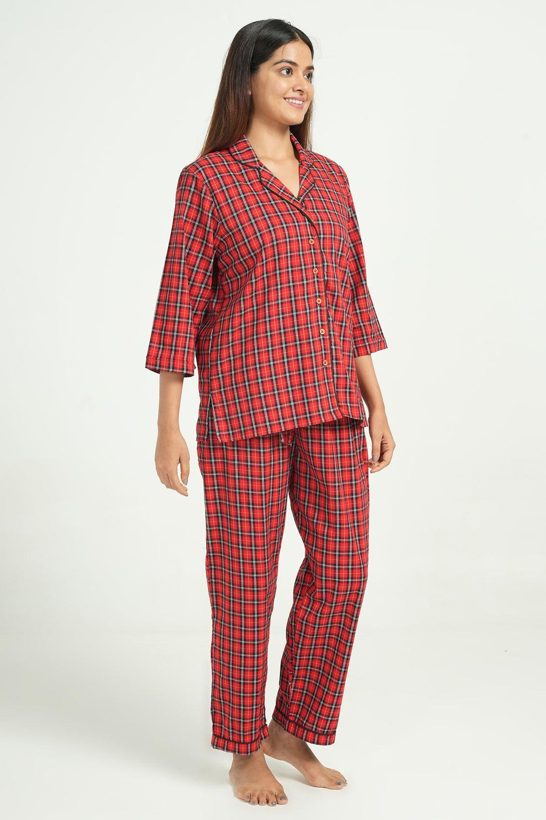 Checkered Red Cotton Loungewear Set | SHOBITAM