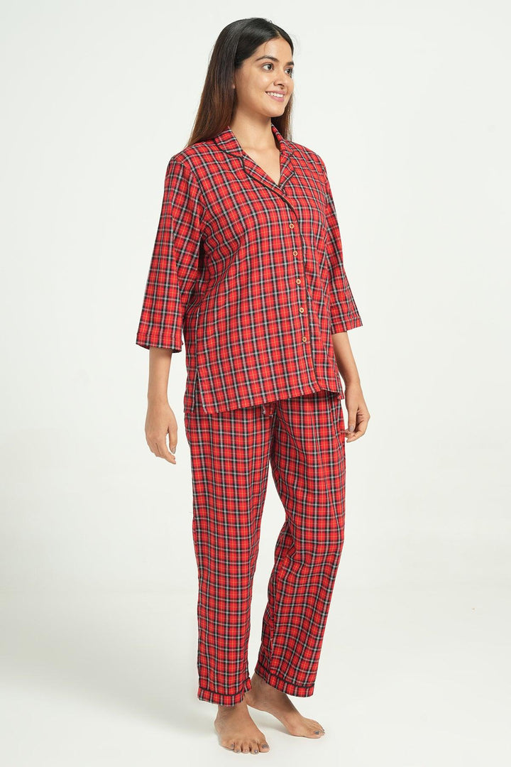 Checkered Red Cotton Loungewear Set | SHOBITAM