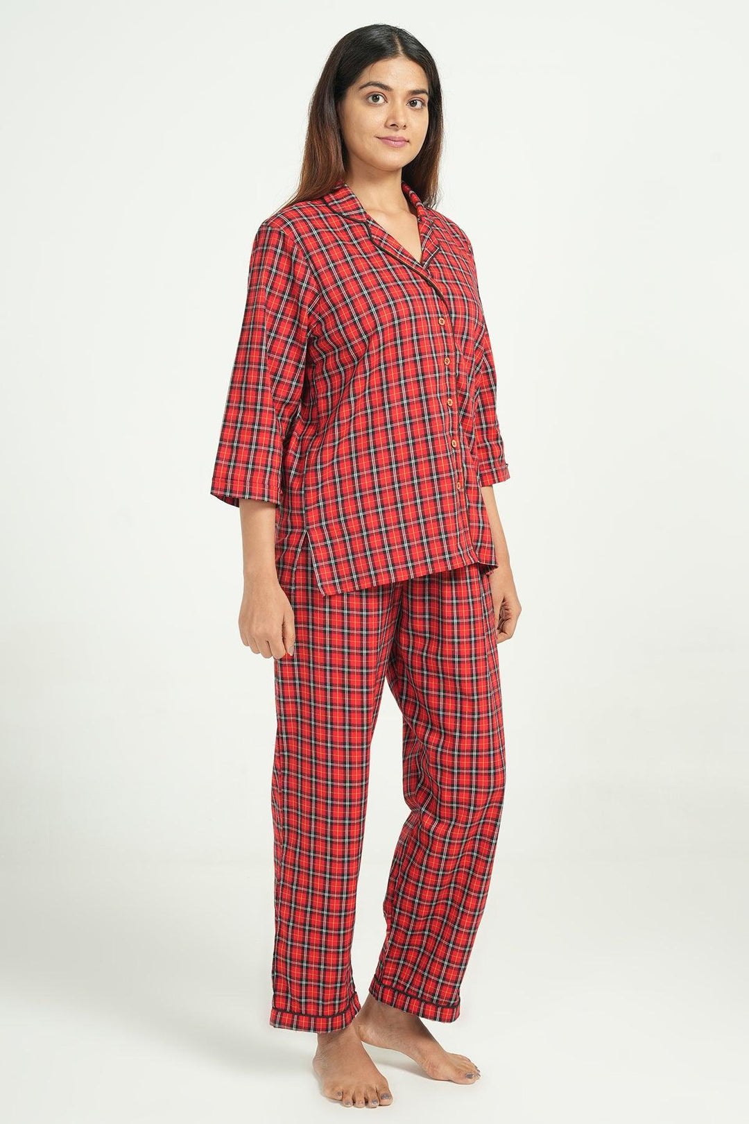 Checkered Red Cotton Loungewear Set | SHOBITAM